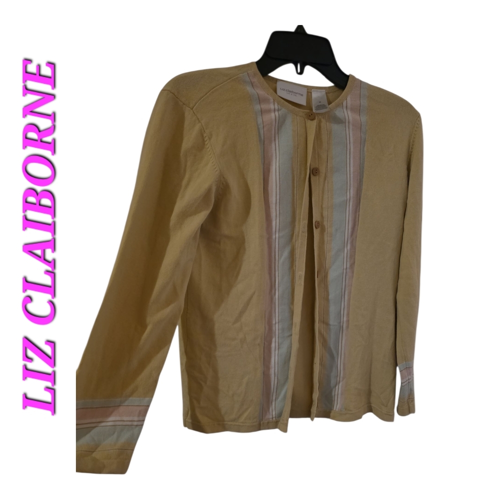 Liz Claiborne Yellow Striped Front Button Cardigan